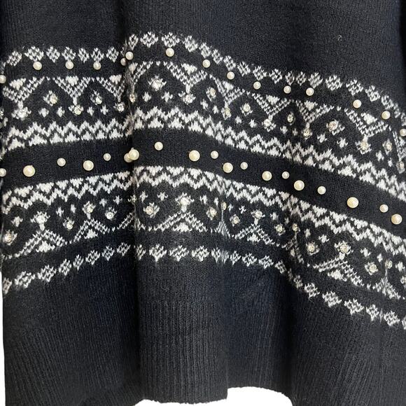 CeCe Womens Fair Isle Embellished Sweater 2X Black White Beaded Rhinestone - Picture 2 of 8